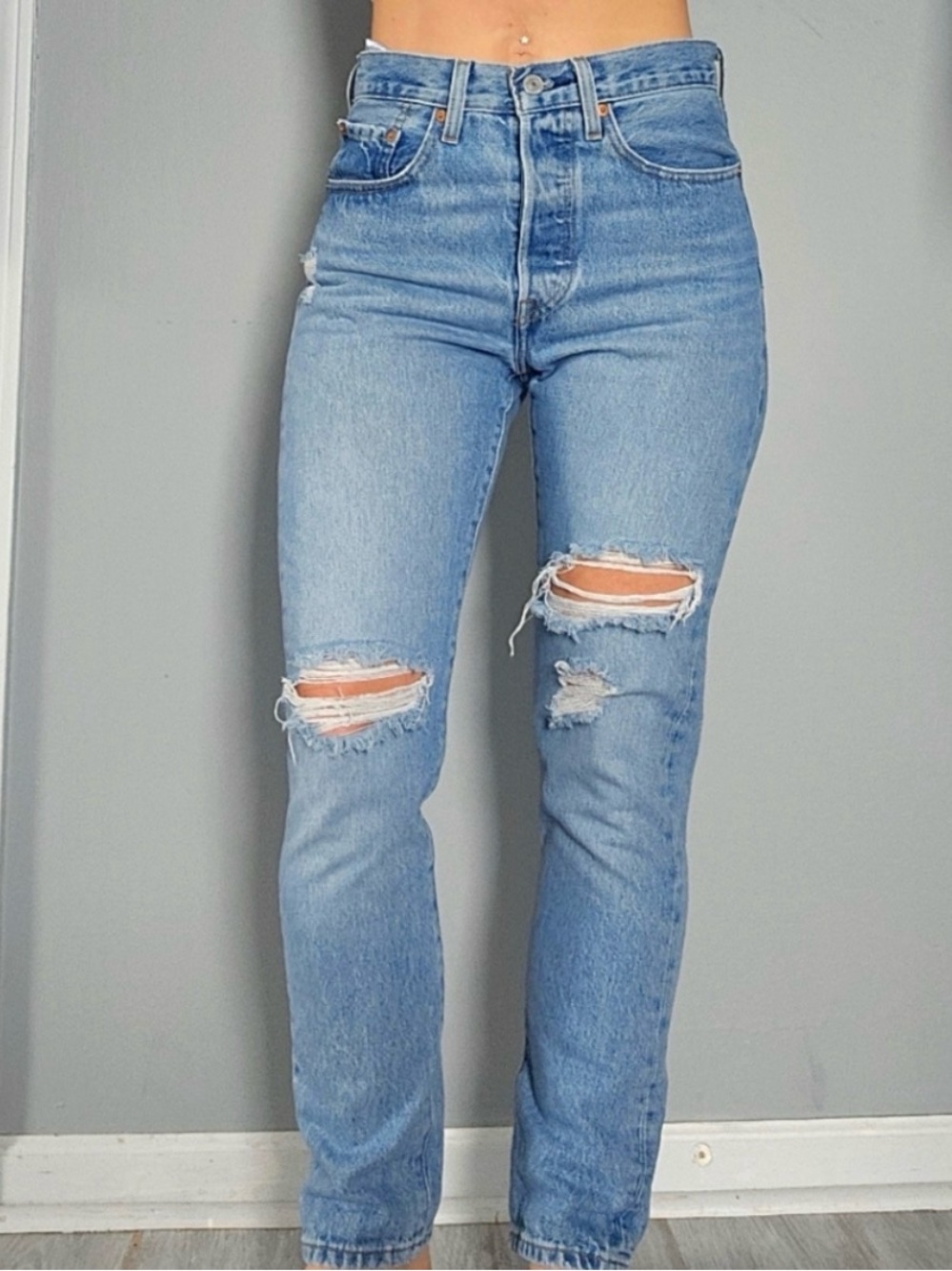 Levi's 501 Light Wash Straight-Leg Ripped Jeans